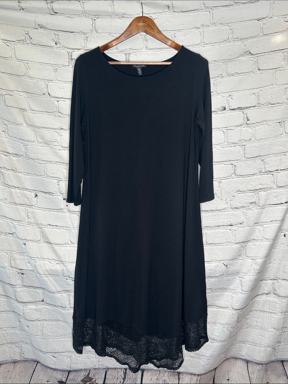 Eileen Fisher Black Scoop Neck Dress with Lace Trim Hem Size Large